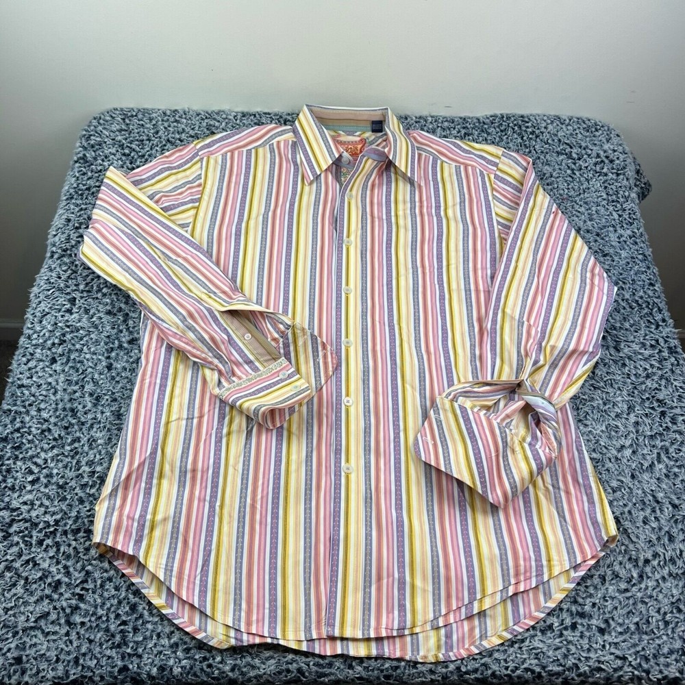 Robert Graham Button Up Shirt Mens Large Striped Colorful Cotton Flip Cuff